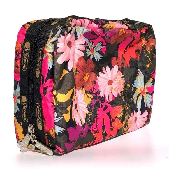 LeSportsac Rectangular Cosmetic Case black pink floral print travel domed zip - Picture 5 of 13